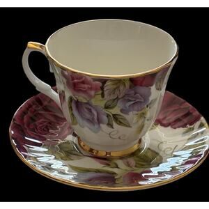 Duchess Fine Bone China Gilded Pedestal Teacup & Saucer Fuchsia Roses Floral